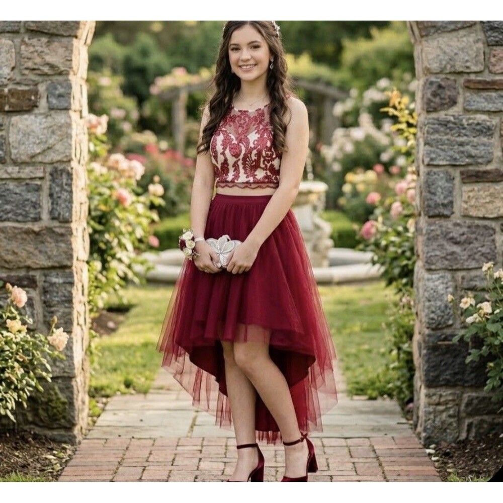 My Michelle Tulle Layered 2 Piece Band hi-low Skirt With Top Formal size 7